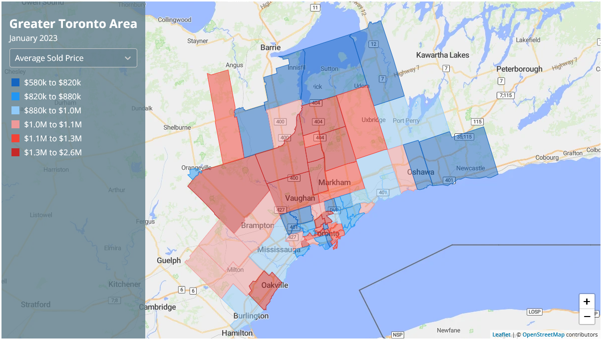 Map of the Greater Toronto Area and the Corresponding Average Home Price